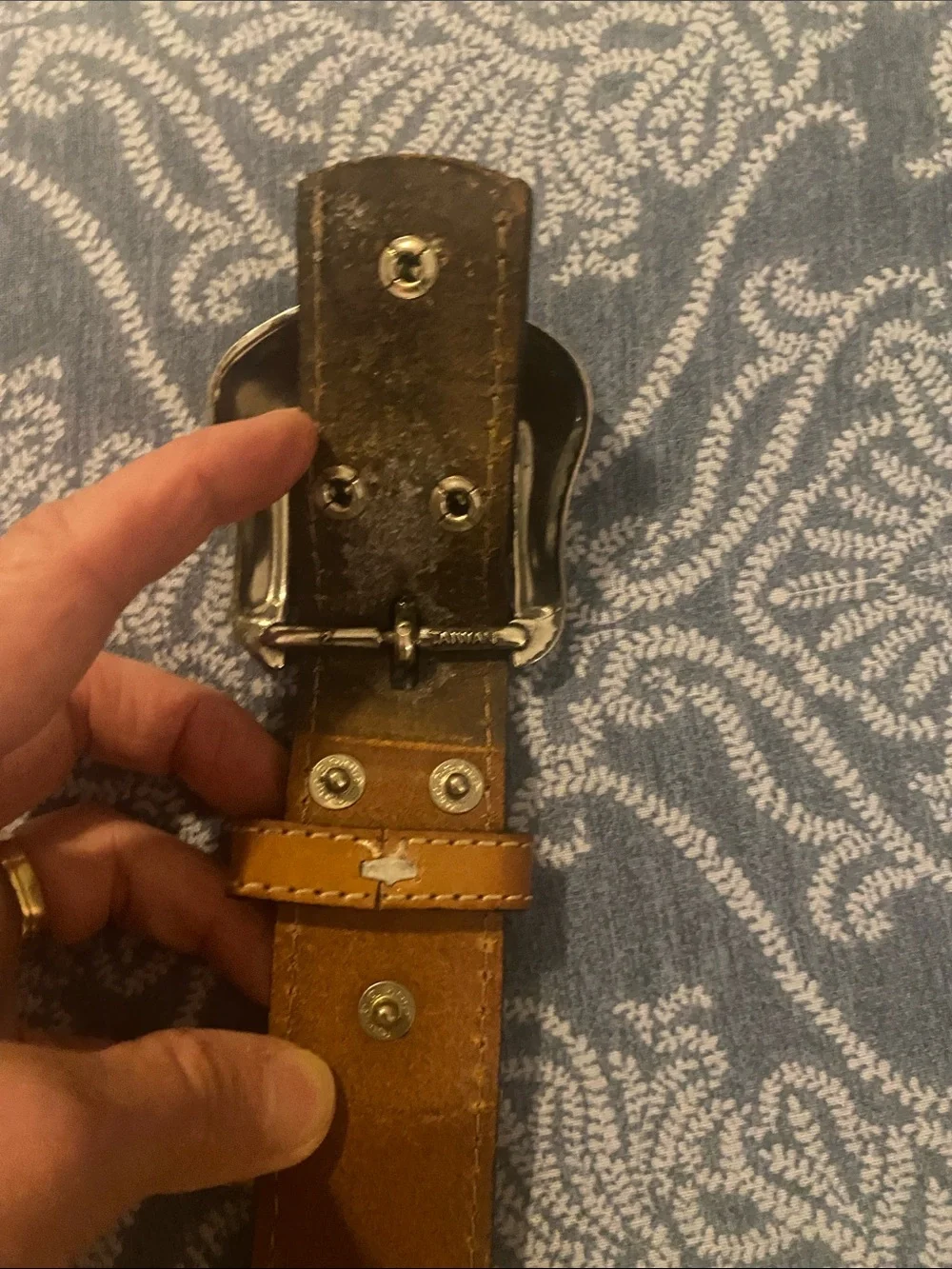 Nocona Hair On Hide Tooled Leather Belt Blue Rhinestone Boho Cowgirl Buckle Sz36